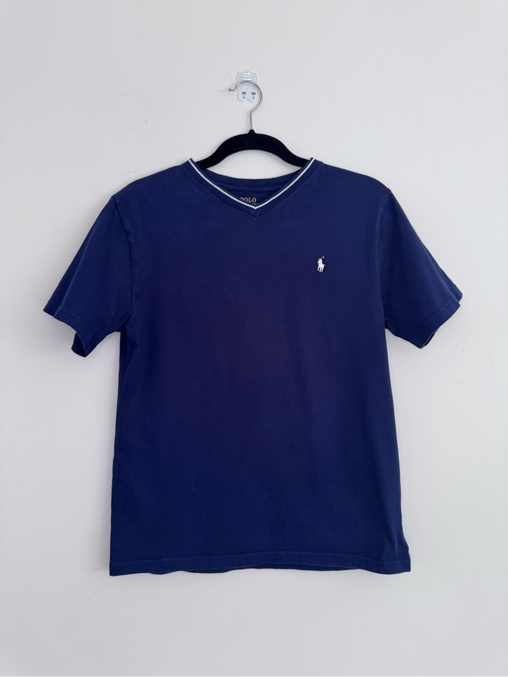 Polo Ralph Lauren Navy Blue V-Neck Logo T-Shirt Boys L 14-16 100% Cotton Jersey